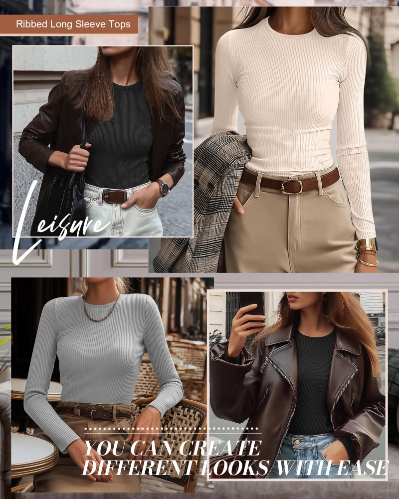 Ficerd 3 Pack Women's Ribbed Long Sleeve Tops, Crew Neck Slim Fit Knit Undershirts Basic Casual Stretch Layering Tee Shirts(Black, Light Gray, Apricot White,Small) - Image 4