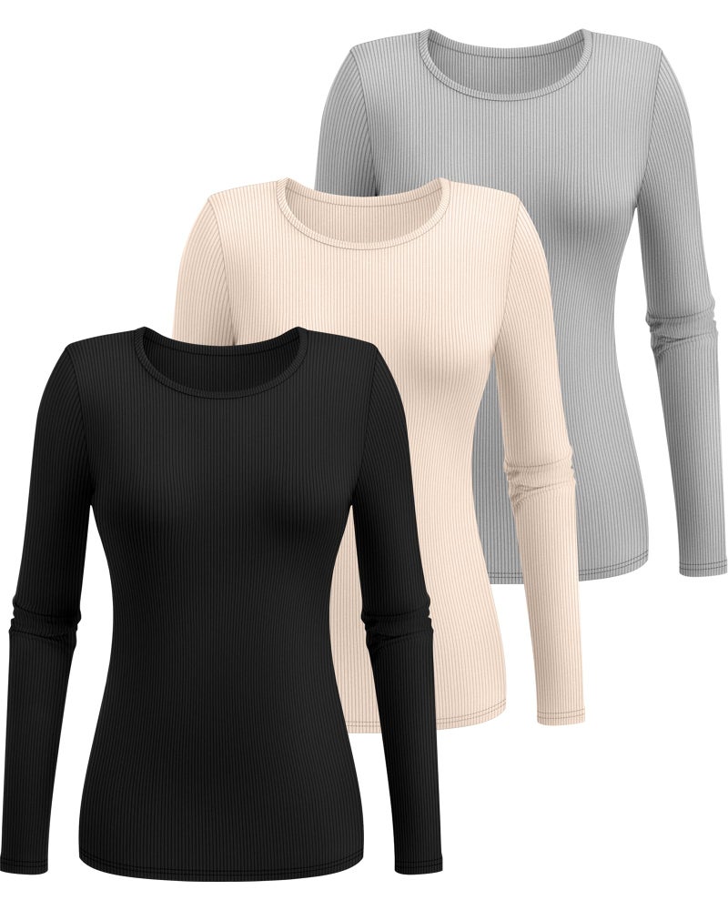 Ficerd 3 Pack Women's Ribbed Long Sleeve Tops, Crew Neck Slim Fit Knit Undershirts Basic Casual Stretch Layering Tee Shirts(Black, Light Gray, Apricot White,Small) - Image 3
