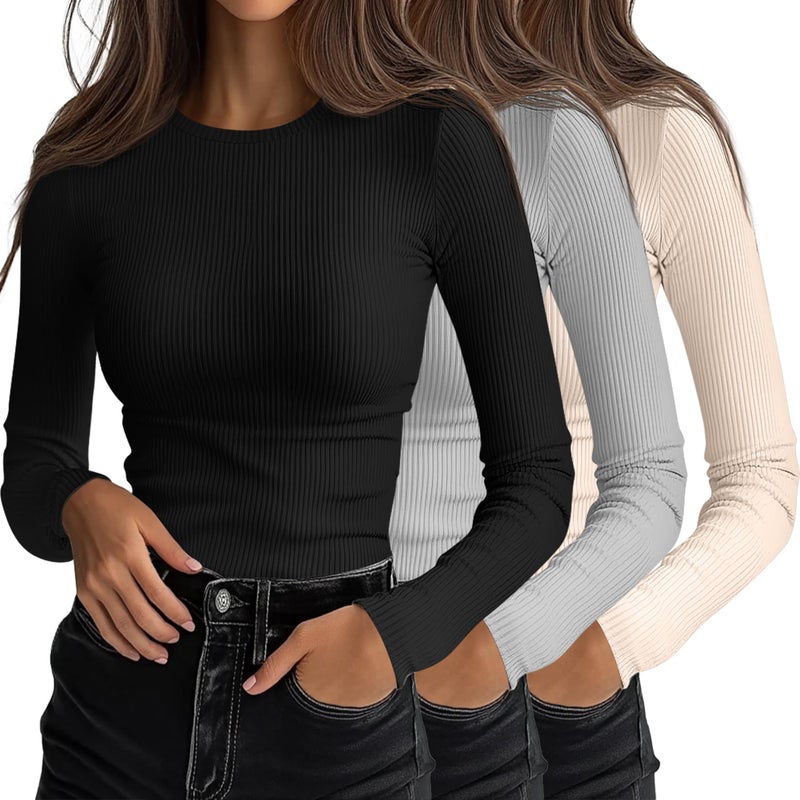 Ficerd 3 Pack Women's Ribbed Long Sleeve Tops, Crew Neck Slim Fit Knit Undershirts Basic Casual Stretch Layering Tee Shirts(Black, Light Gray, Apricot White,Small) - Image 1