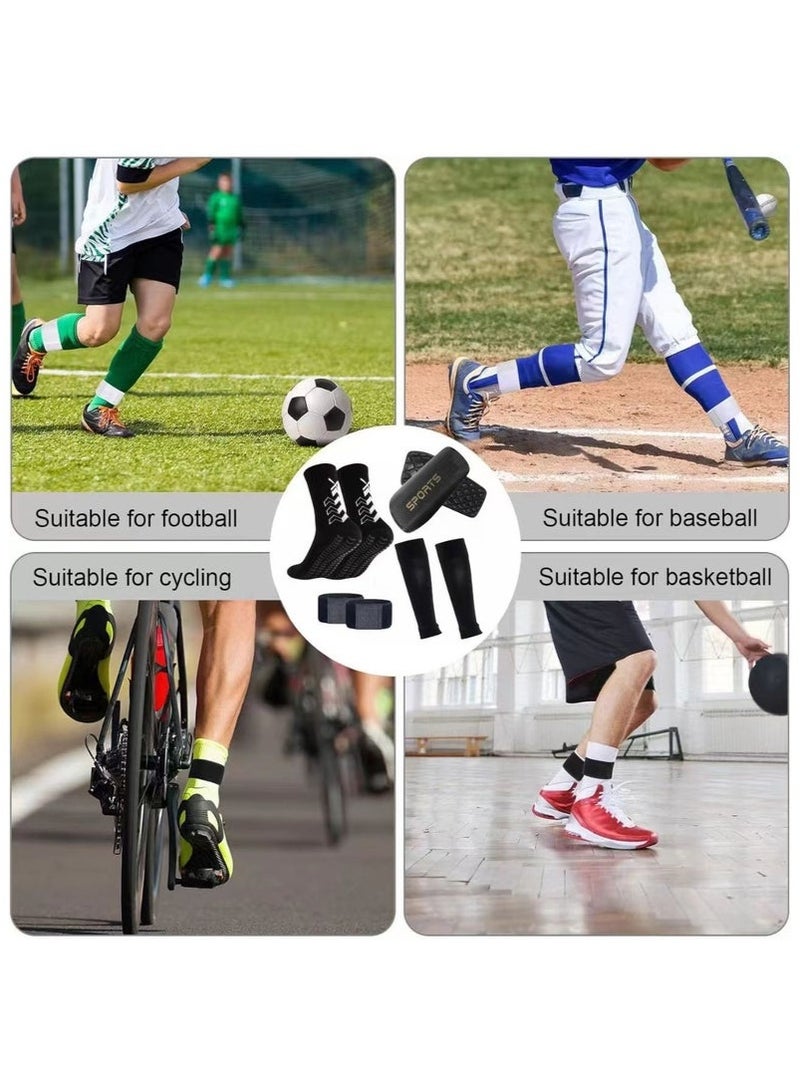 Football Four-Piece Set: Skid-Proof Soccer Socks with Nylon Pockets for Shin Guards, Calf Compression Sleeves, and Adjustable Straps for Shin Guards (Black) - Image 2