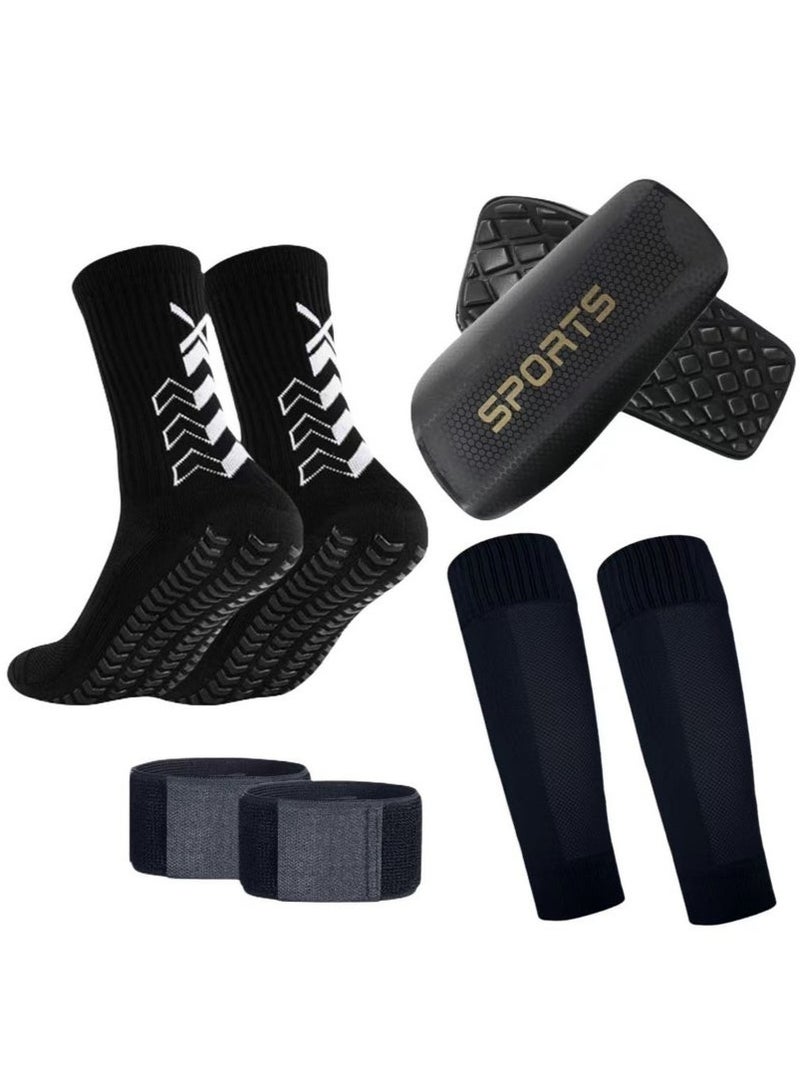 Football Four-Piece Set: Skid-Proof Soccer Socks with Nylon Pockets for Shin Guards, Calf Compression Sleeves, and Adjustable Straps for Shin Guards (Black) - Image 1