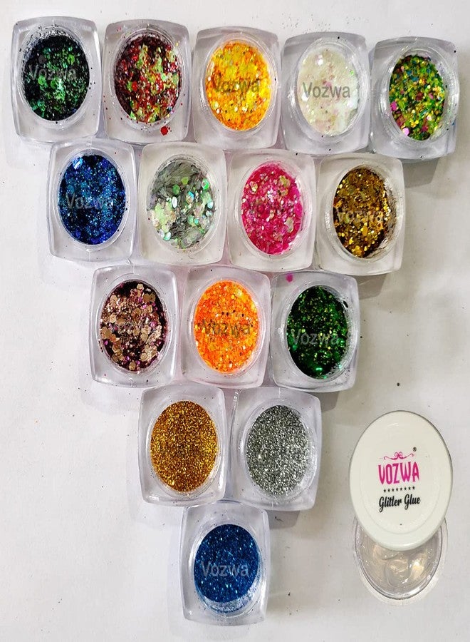 Vozwa 12 Pcs Chunky Glitter for Eye Makeup + 3 Pcs Fine Glitter (Golden + Silver + Blue) + Glitter Glue Fix - Image 1