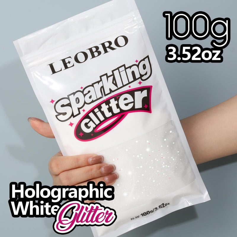 LEOBRO White Glitter, 100 g / 3.5 oz Holographic Fine Glitter for Crafts, Resin, Flowers, Jewelry Keychains Decorations - Image 2