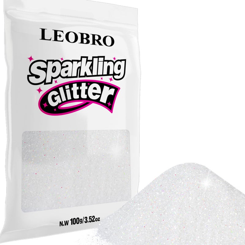 LEOBRO White Glitter, 100 g / 3.5 oz Holographic Fine Glitter for Crafts, Resin, Flowers, Jewelry Keychains Decorations - Image 1