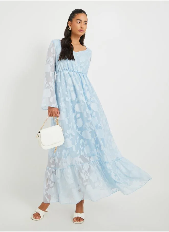 Take Two Take Two Jacquard Gathered Waist Long Sleeve V-Neck Maxi Dress