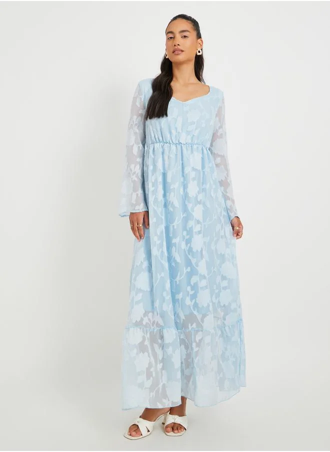 Take Two Take Two Jacquard Gathered Waist Long Sleeve V-Neck Maxi Dress