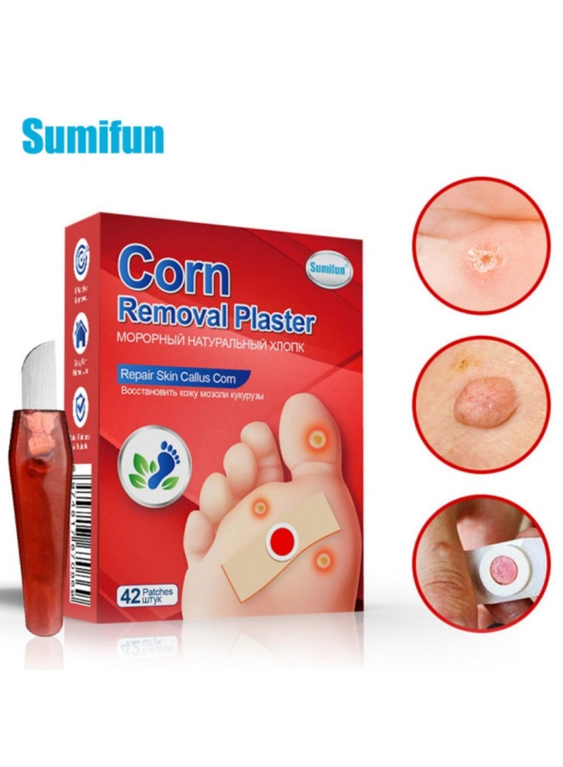 Sumifun 42 pieces Foot Corn Removal Patch (Bring a Knife Tool), Medical Plaster for Fast and Effective Callus Removal, Natural Ingredients Treatment for Corns and Plantar Warts, Foot Corn Remover for Hard Skin, Blister Protection Patches for Corns and Calluses, Wart Removal Strips for Feet Care  - Image 1