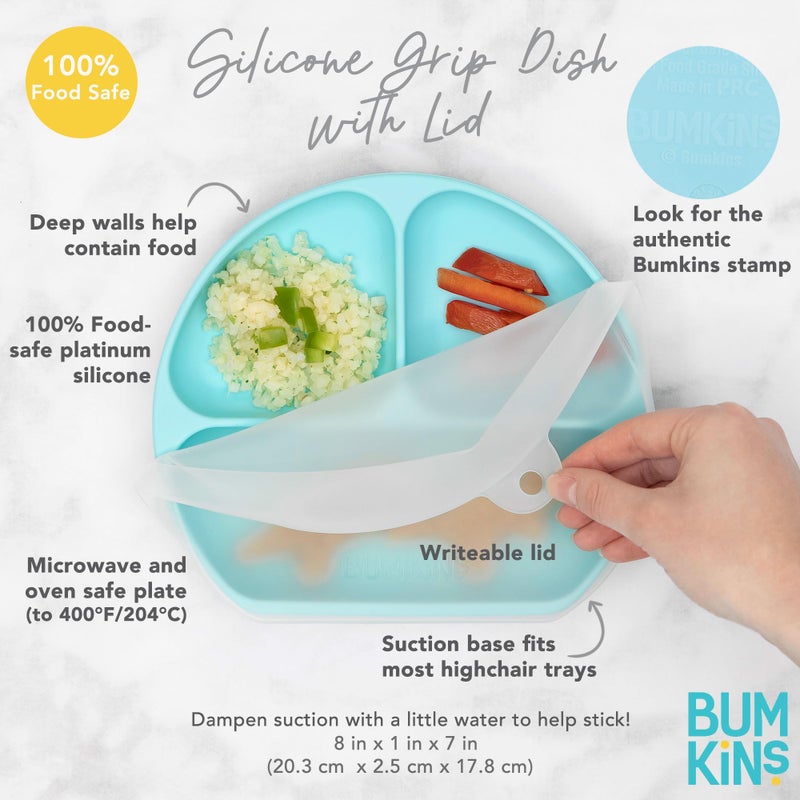 Bumkins Toddler and Baby Suction Plate, Silicone Divided Grip Dish and Lid, Babies and Kids, Baby Led Weaning, Children Feeding Supplies, Non Skid Bottom, Platinum Silicone, Ages 6 Months Up, Gray - Image 5