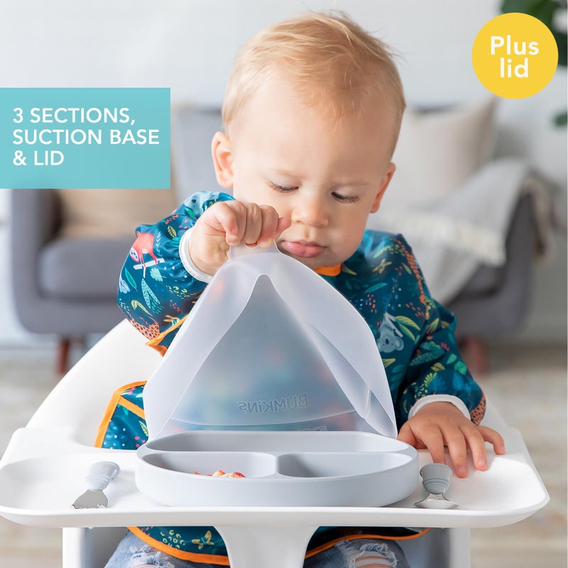 Bumkins Toddler and Baby Suction Plate, Silicone Divided Grip Dish and Lid, Babies and Kids, Baby Led Weaning, Children Feeding Supplies, Non Skid Bottom, Platinum Silicone, Ages 6 Months Up, Gray - Image 2