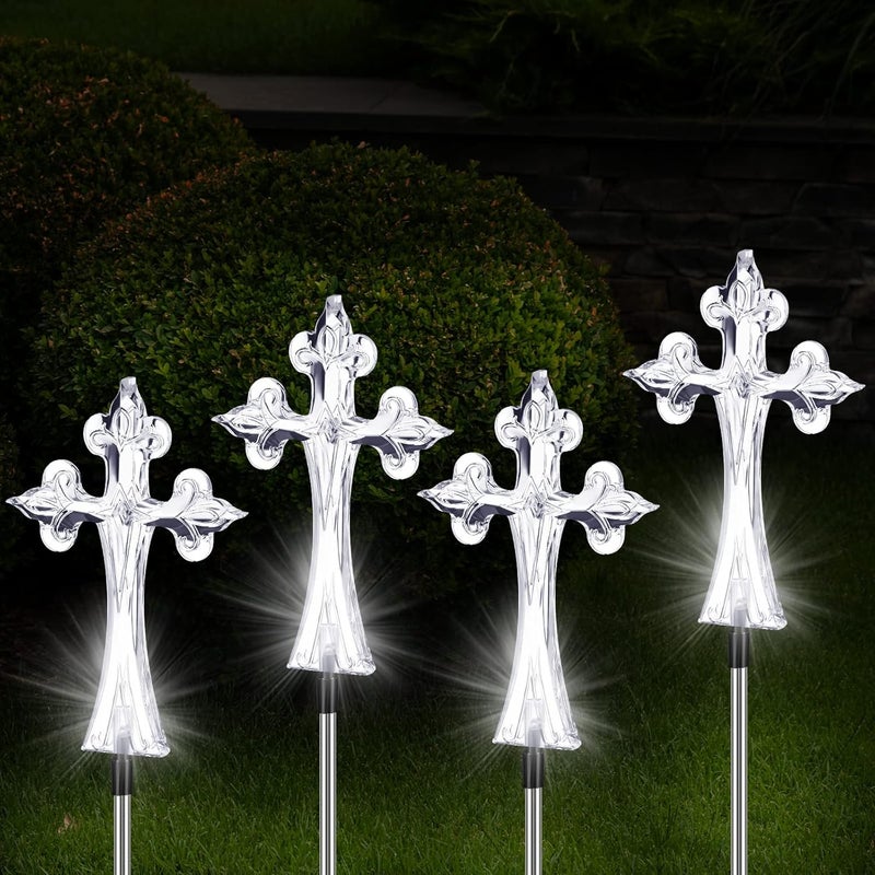 Riakrum 4 Piece Solar Cross for Cemetery Grave Grave Crosses for Cemetery Memorial Stake Solar Lights Waterproof Outdoor Garden Stake Cemetery Cross for Grave Yard Decorations 16 Inches Long - Image 1