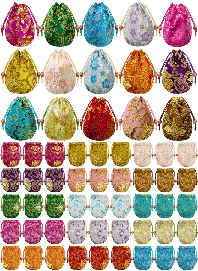 ZOOFOX 60 Pieces Silk Brocade Jewelry Bags Bulk, Small Fabric Gift Bags with Drawstring, Jewelry Gift Pouches for Wedding Christmas Party - Image 1