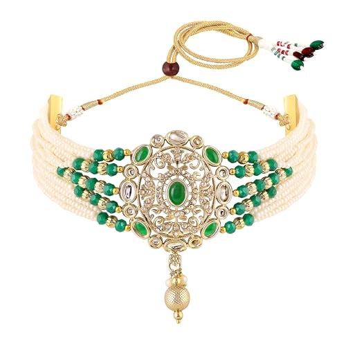 Mahi Traditional Kundan Multilayer Choker Necklace Set with Kundan & Artificial Pearls for Women | Bridal & Ethnic Jewellery with Earrings (NL1108146GGre) - Image 3