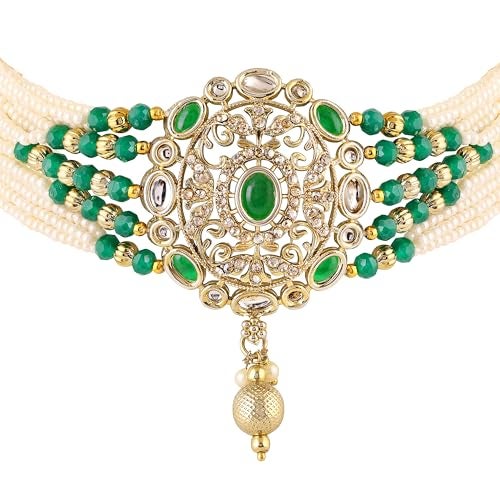 Mahi Traditional Kundan Multilayer Choker Necklace Set with Kundan & Artificial Pearls for Women | Bridal & Ethnic Jewellery with Earrings (NL1108146GGre) - Image 5