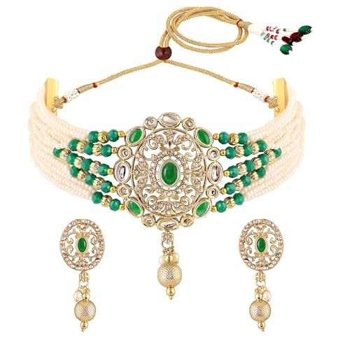 Mahi Traditional Kundan Multilayer Choker Necklace Set with Kundan & Artificial Pearls for Women | Bridal & Ethnic Jewellery with Earrings (NL1108146GGre) - Image 1