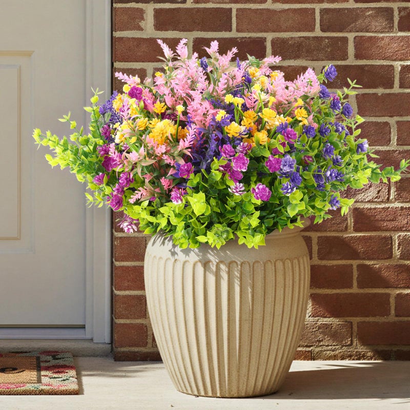 CEWOR 12 Bundles Artificial Flowers for Outdoor Indoor, Fake Silk Multiple Color Flowers, Faux Flower for Garden Front Door Porch Planter Patio Home Decor (Purple Fuchsia Pink Yellow) - Image 1