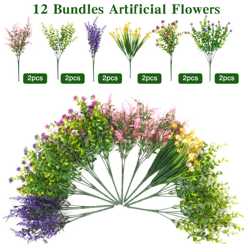 CEWOR 12 Bundles Artificial Flowers for Outdoor Indoor, Fake Silk Multiple Color Flowers, Faux Flower for Garden Front Door Porch Planter Patio Home Decor (Purple Fuchsia Pink Yellow) - Image 3