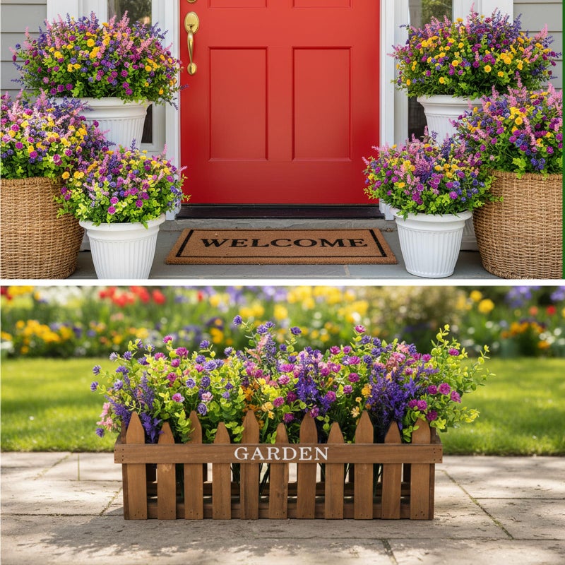 CEWOR 12 Bundles Artificial Flowers for Outdoor Indoor, Fake Silk Multiple Color Flowers, Faux Flower for Garden Front Door Porch Planter Patio Home Decor (Purple Fuchsia Pink Yellow) - Image 5