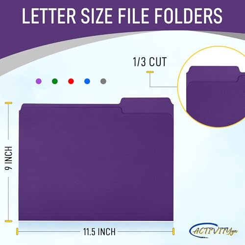ACTIVITYYA Purple File Folders, 1/3-Cut Tabs, Letter Size, 12-Pack – Durable Office Filing Folders for Documents, Papers, and Organization - Image 2
