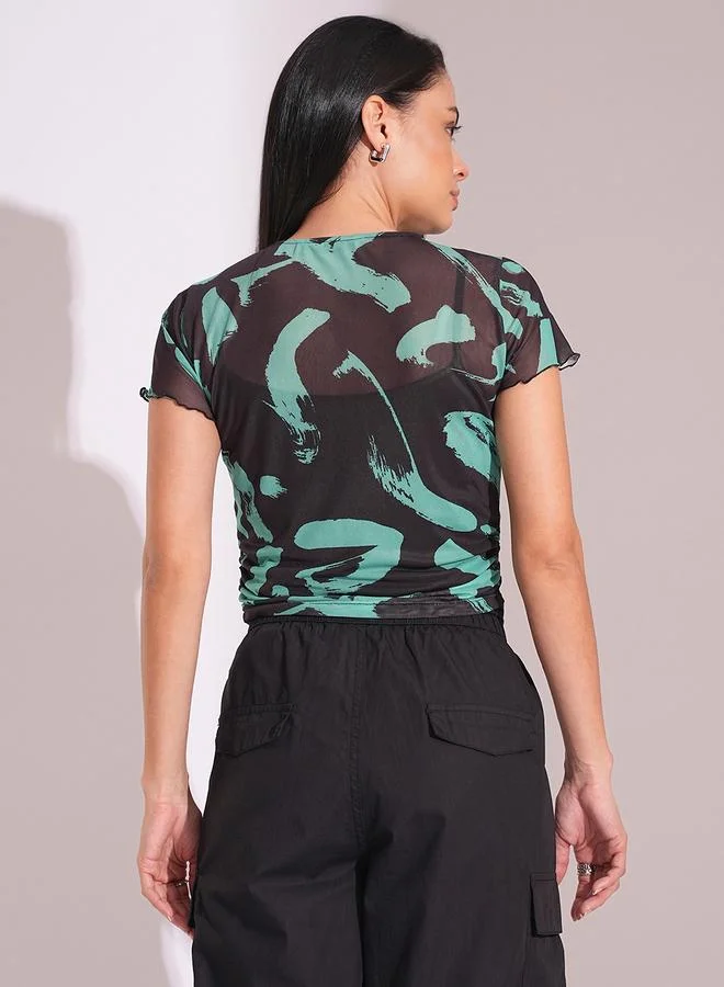 Globus  Globus Black All Over Print Semi Sheer Ruched Top for Women | Best Price UAE