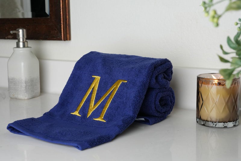 Decorvo Navy Initial Hand Towel for Bathroom - Monogrammed Luxury Hotel Quality Decorative Embroidered Towel for Powder Room  Spa - GOTS Organic Certified - Set of 2 Letter M  - Image 4