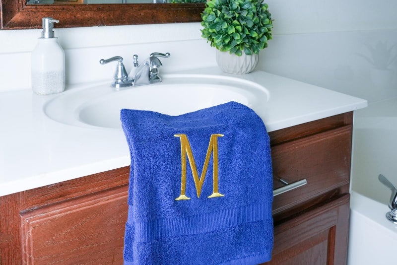 Decorvo Navy Initial Hand Towel for Bathroom - Monogrammed Luxury Hotel Quality Decorative Embroidered Towel for Powder Room  Spa - GOTS Organic Certified - Set of 2 Letter M  - Image 3