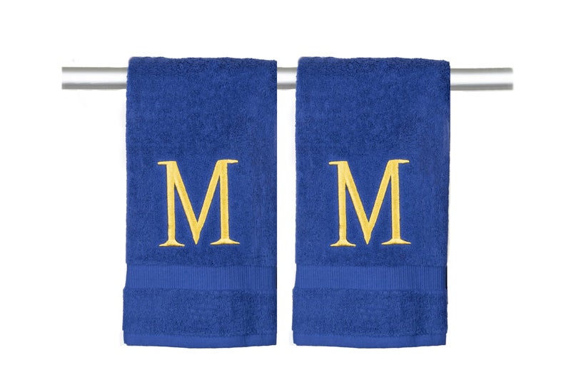 Decorvo Navy Initial Hand Towel for Bathroom - Monogrammed Luxury Hotel Quality Decorative Embroidered Towel for Powder Room  Spa - GOTS Organic Certified - Set of 2 Letter M  - Image 1