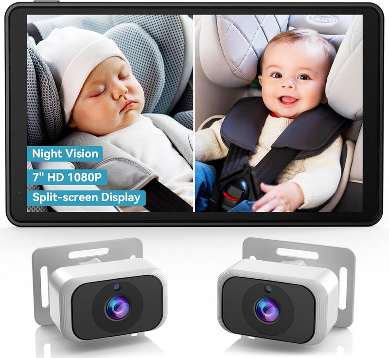 pemacom Baby Car Camera for 2Kids 7 Inch IPS Display with Dual Carseat Cameras Split Screen Night Vision HD 1080P  USB Powered Easy Install Rear Facing Backseat Camera for Twins - Image 1