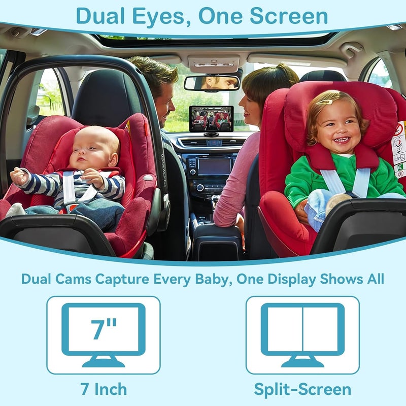 pemacom Baby Car Camera for 2Kids 7 Inch IPS Display with Dual Carseat Cameras Split Screen Night Vision HD 1080P  USB Powered Easy Install Rear Facing Backseat Camera for Twins - Image 2