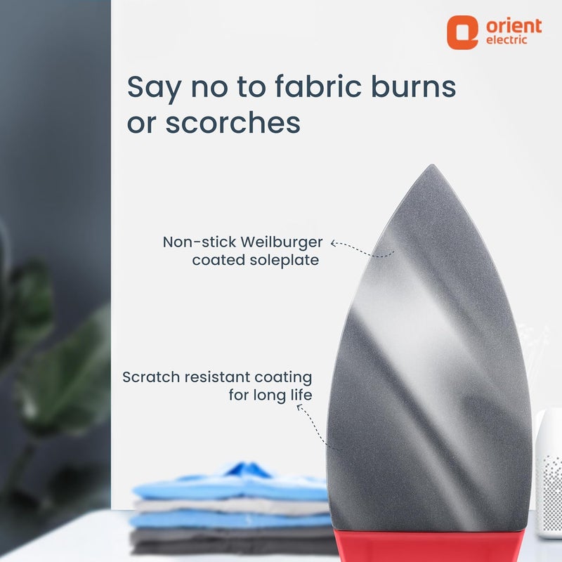 Orient Electric Fabriknight DIFK10BP 1000 W Dry Iron | German-made Weilburger coating on the soleplate| Thermostat for Better Heat Conductivity | 2 Year Warranty by Orient| Black & Red - Image 4