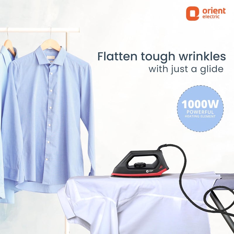 Orient Electric Fabriknight DIFK10BP 1000 W Dry Iron | German-made Weilburger coating on the soleplate| Thermostat for Better Heat Conductivity | 2 Year Warranty by Orient| Black & Red - Image 2