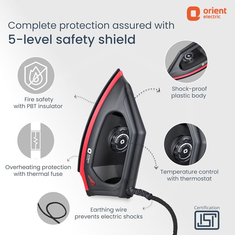 Orient Electric Fabriknight DIFK10BP 1000 W Dry Iron | German-made Weilburger coating on the soleplate| Thermostat for Better Heat Conductivity | 2 Year Warranty by Orient| Black & Red - Image 3