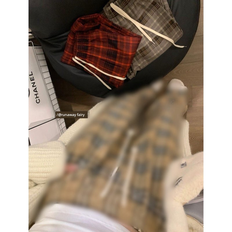 175 tall extended plaid pants lazy loose slimming plaid wide leg pants casual apricot floor-length casual pants - Image 1