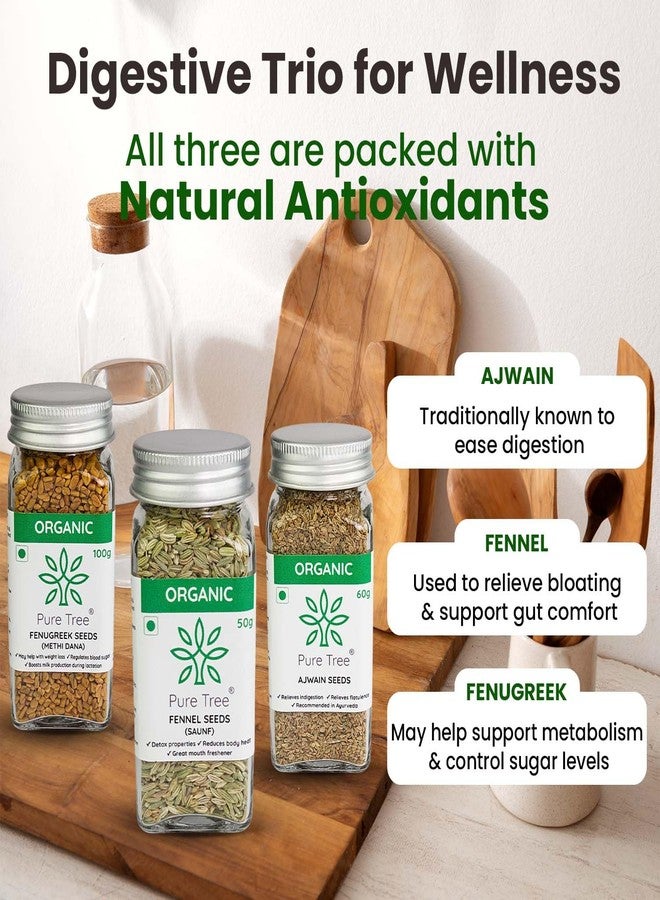 Pure Tree Certified Organic Ajwain 60g, Methi Seeds 100g, Saunf 50g | Glass Jar | Carom, Fenugreek & Fennel | Whole Seeds Vaamu, Methi dana, Variyali Spice Combo Pack - Image 2