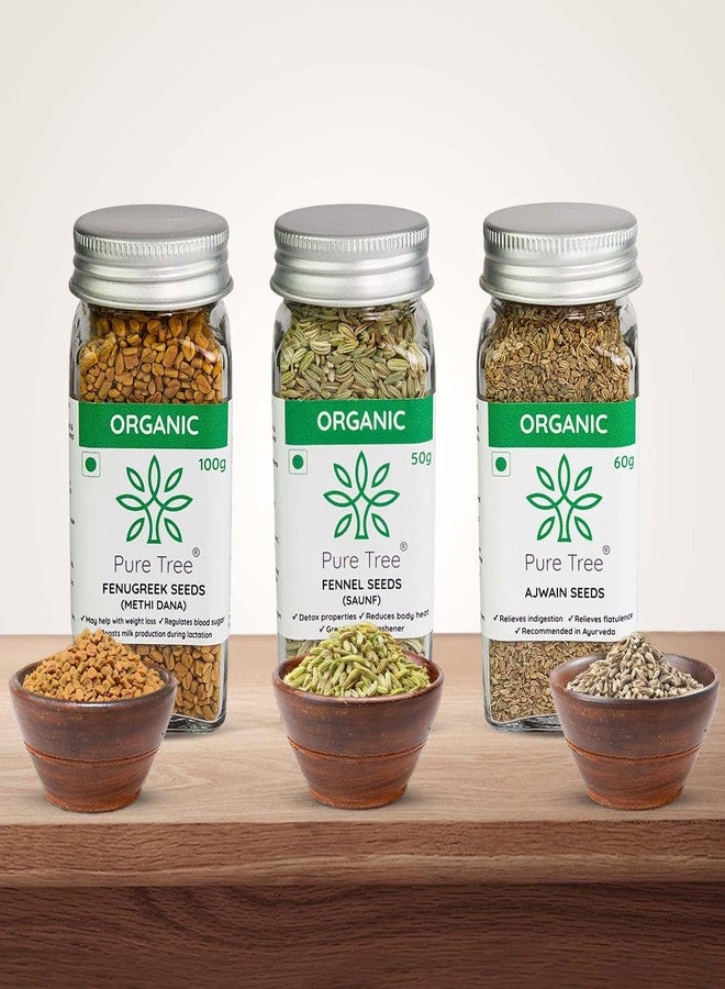 Pure Tree Certified Organic Ajwain 60g, Methi Seeds 100g, Saunf 50g | Glass Jar | Carom, Fenugreek & Fennel | Whole Seeds Vaamu, Methi dana, Variyali Spice Combo Pack - Image 1
