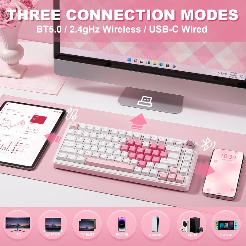 YUNZII B75 PRO Wireless Mechanical Keyboard,75% Gaming Keyboard Gasket Hot Swap Custom Keyboard with Knob,Pre-lubed Switches RGB,Bluetooth/Type-C/2.4G (White Heart, Cocoa Cream V2 Switch) - Image 3