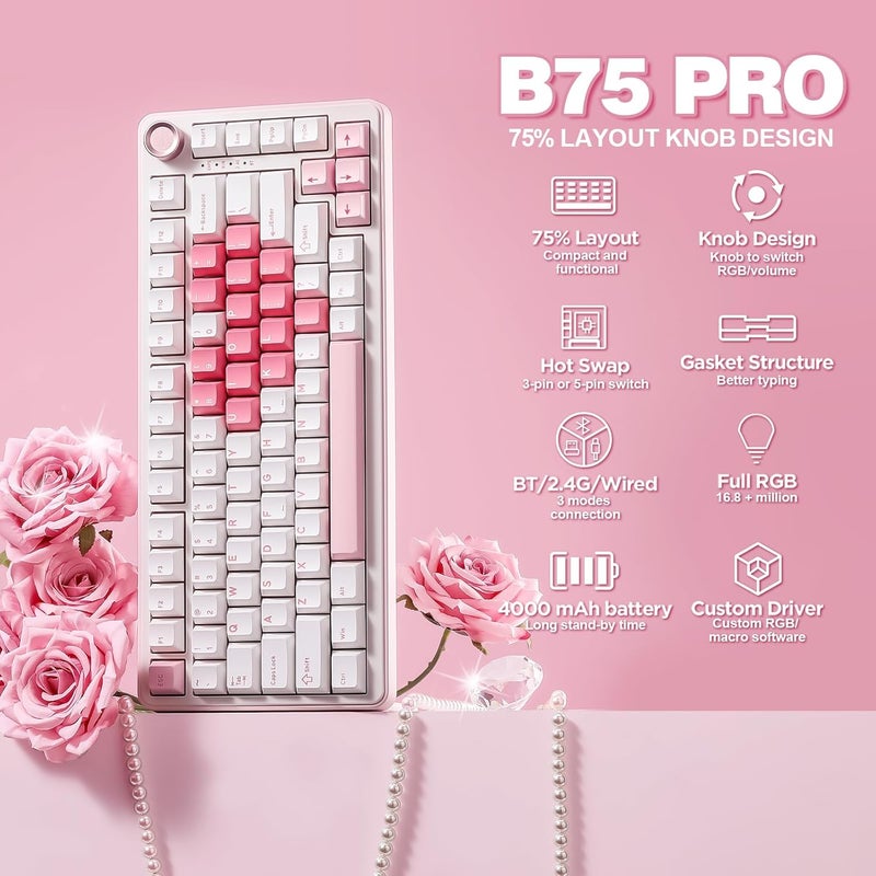 YUNZII B75 PRO Wireless Mechanical Keyboard,75% Gaming Keyboard Gasket Hot Swap Custom Keyboard with Knob,Pre-lubed Switches RGB,Bluetooth/Type-C/2.4G (White Heart, Cocoa Cream V2 Switch) - Image 2