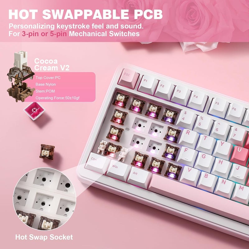 YUNZII B75 PRO Wireless Mechanical Keyboard,75% Gaming Keyboard Gasket Hot Swap Custom Keyboard with Knob,Pre-lubed Switches RGB,Bluetooth/Type-C/2.4G (White Heart, Cocoa Cream V2 Switch) - Image 5