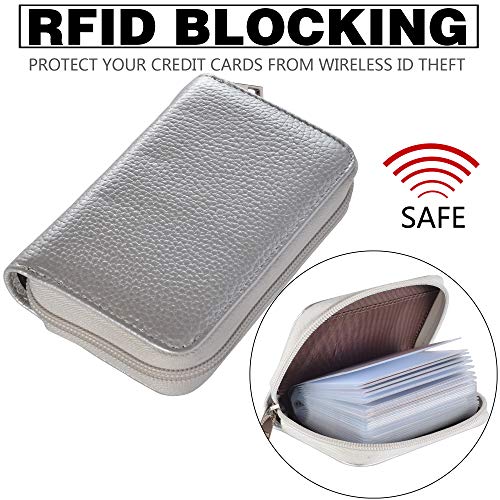 Easyoulife Genuine Leather Credit Card Holder Zipper Wallet With 26 Card Slots (Silver) - Image 5