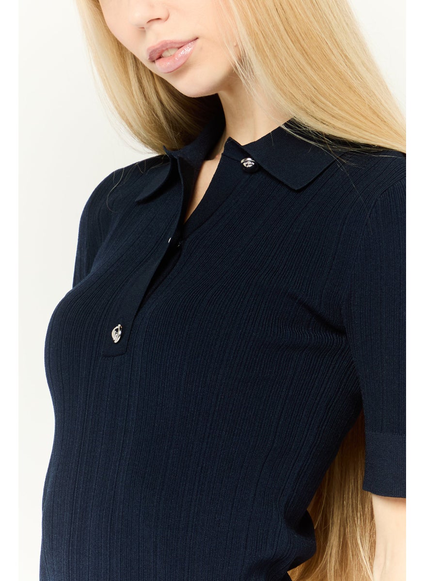 Michael Kors Women Spread Collar Short Sleeves Knitted Sweater, Navy  - Image 4