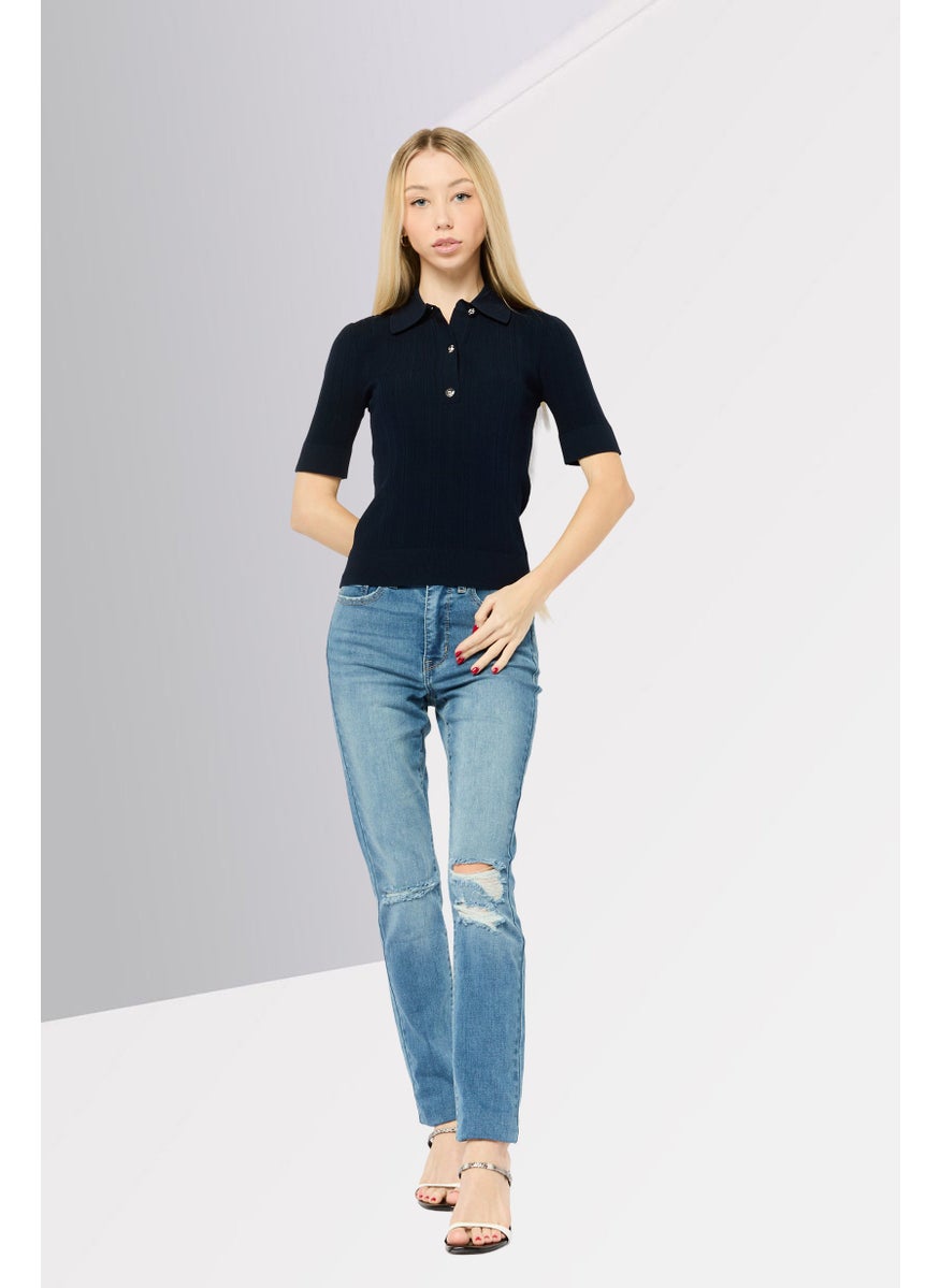 Michael Kors Women Spread Collar Short Sleeves Knitted Sweater, Navy  - Image 3