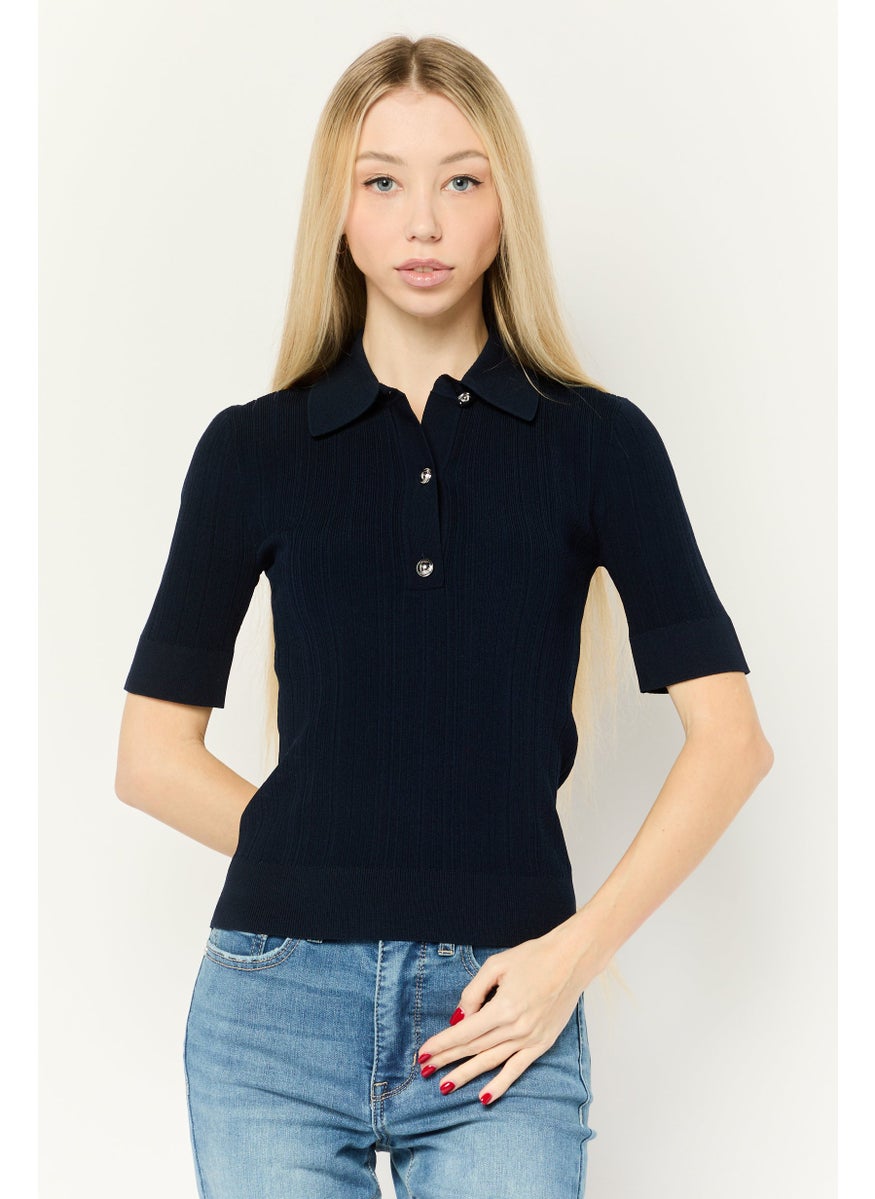 Michael Kors Women Spread Collar Short Sleeves Knitted Sweater, Navy  - Image 1