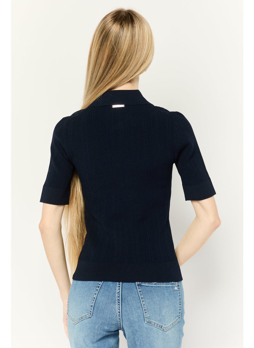 Michael Kors Women Spread Collar Short Sleeves Knitted Sweater, Navy  - Image 2
