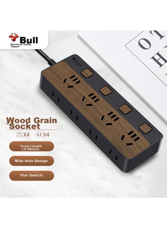 Bull New National Standard Power Strip/extension Cord/power Bar/power Strip/power Board/extension Board, 8 Outlets With Individual Control, 1.8 Meters, Black Wood Grain, Gn-r1443 - Image 1