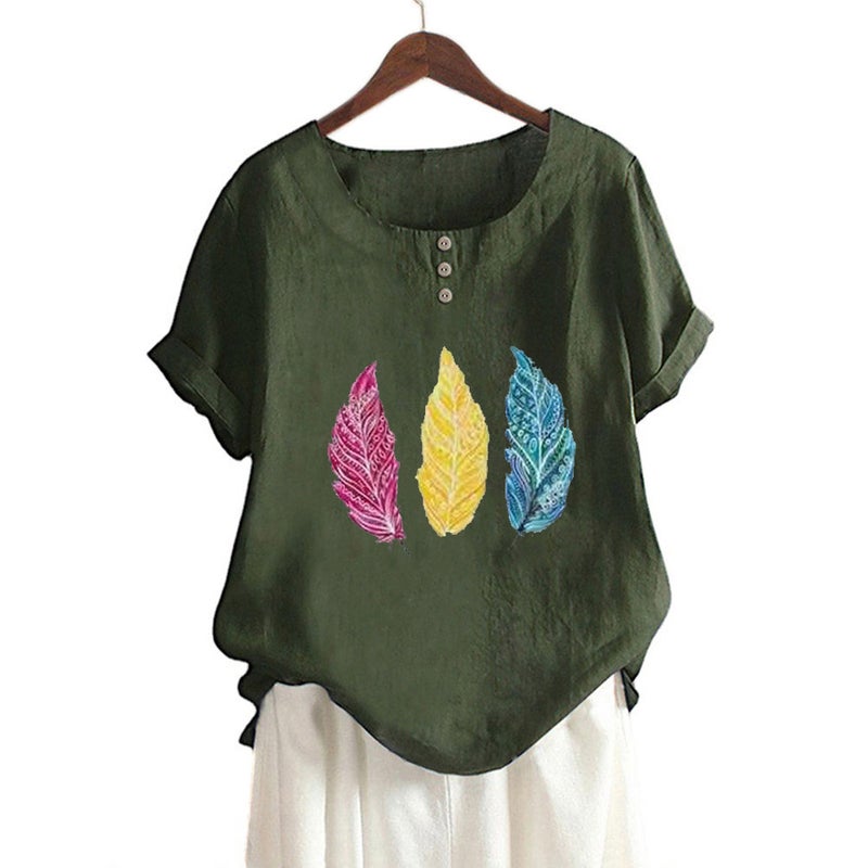 New Cotton And Linen Women'S Three-Color Leaves Printed Decorative Button Loose Casual Round Neck Short Sleeve T-Shirt - Image 5