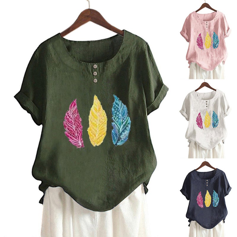 New Cotton And Linen Women'S Three-Color Leaves Printed Decorative Button Loose Casual Round Neck Short Sleeve T-Shirt - Image 2
