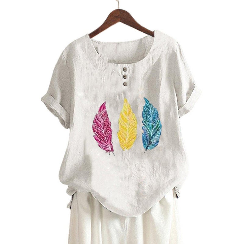 New Cotton And Linen Women'S Three-Color Leaves Printed Decorative Button Loose Casual Round Neck Short Sleeve T-Shirt - Image 3