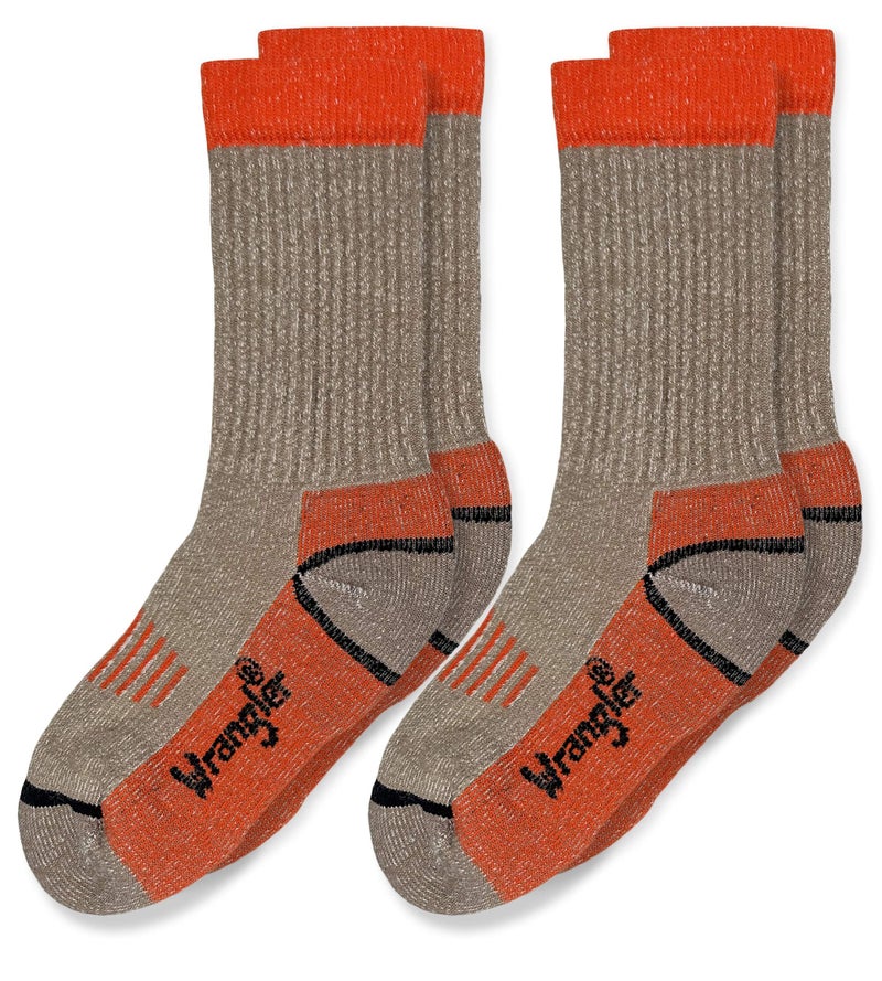 Wrangler Boy's Merino Wool Half Cushion Seamless Rib Crew Socks 2 Pair Pack, Taupe, Small - Image 1