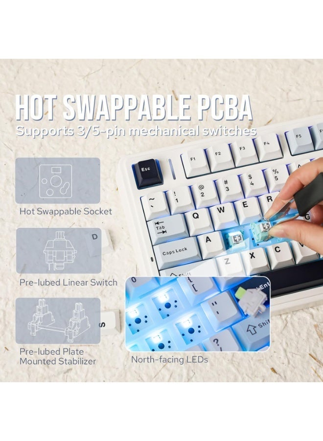 ابوماكر لوحة مفاتيح F75 الميكانيكية، لوحة مفاتيح ألعاب لاسلكية قابلة للتبديل السريع بنسبة 75% مع حشوة ومقبض من خمس طبقات، بلوتوث/2.4 جيجاهرتز/USB-C، إضاءة RGB (أزرق فاتح، مفتاح ) - Image 2