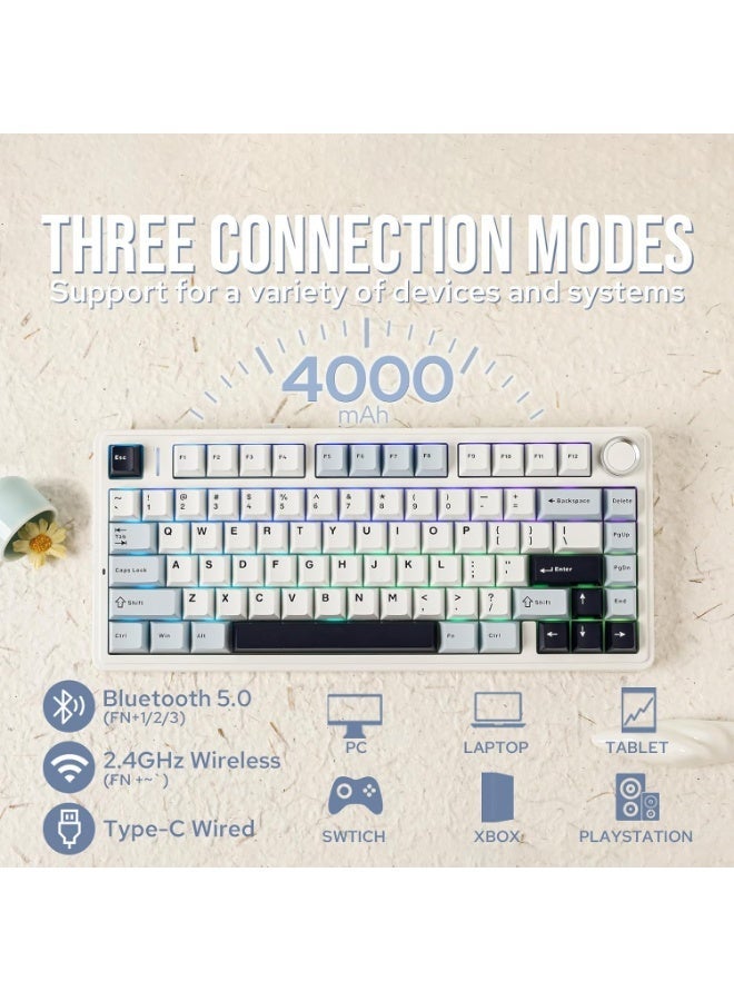 ابوماكر لوحة مفاتيح F75 الميكانيكية، لوحة مفاتيح ألعاب لاسلكية قابلة للتبديل السريع بنسبة 75% مع حشوة ومقبض من خمس طبقات، بلوتوث/2.4 جيجاهرتز/USB-C، إضاءة RGB (أزرق فاتح، مفتاح ) - Image 3