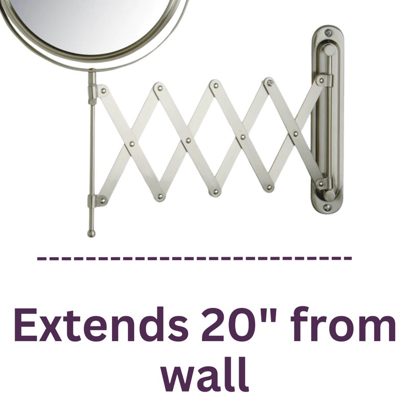 JERDON Two-Sided Wall-Mounted Makeup Mirror - Makeup Mirror with 7X Magnification & Extendable Arm - 8-inch Diameter Mirror with Nickel Finish Wall Mount - Model JP2027N - Image 4